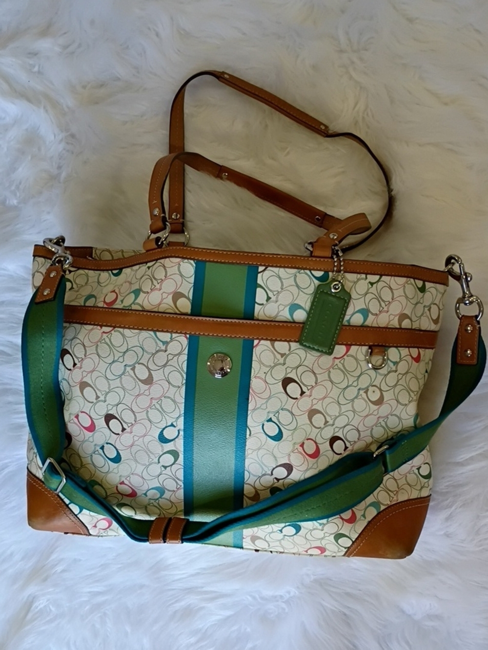 Coach Chelsea Heritage Stripe Leather Diaper Bag/ Weekender with Tan Trim